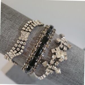 Vintage Rhinestone and Black Stone Bracelet Set 3pc Size 6.5-7.25" Goth